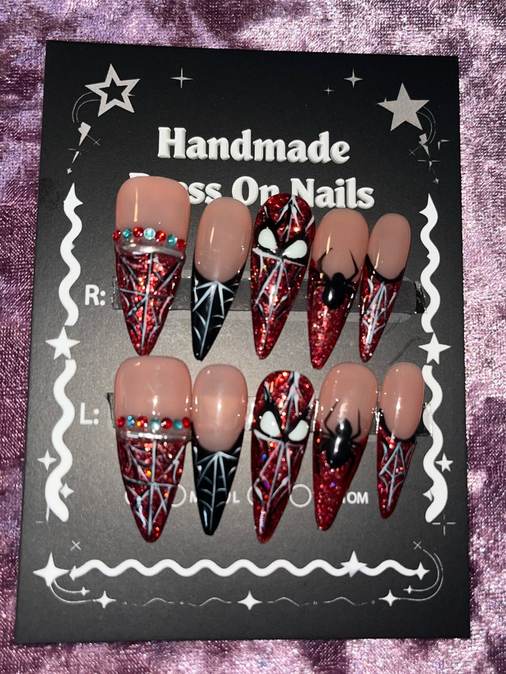 Handmade Spiderweb & Nude Press-On Nails - Red Glitter Accent